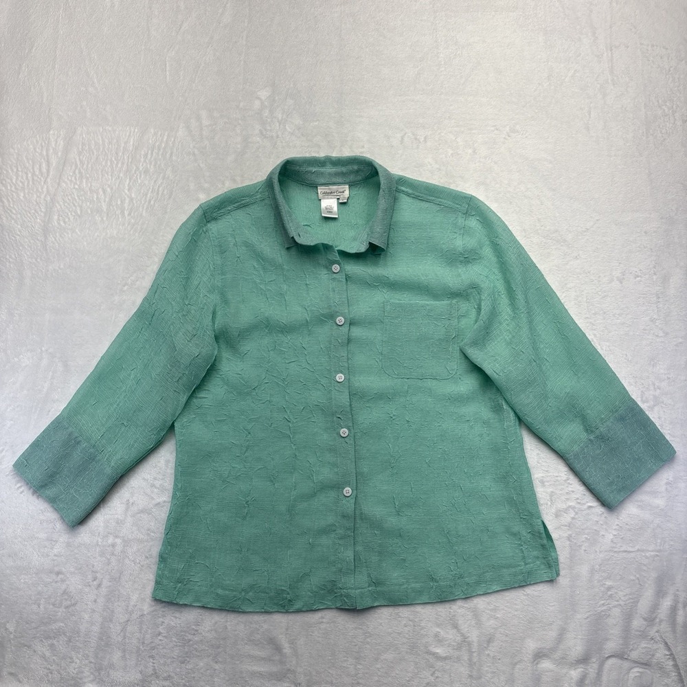 Coldwater Creek Shirt Women's Large Green Sheer 3/4 Sleeve Collar Button Down